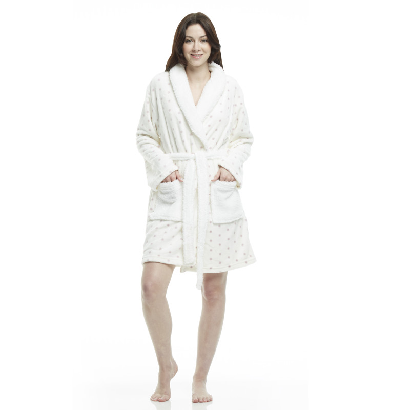 Women's Polka Dot Plush Shawl Collar Mid-Thigh Length Bath Robe