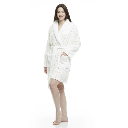 Women's Polka Dot Plush Shawl Collar Mid-Thigh Length Bath Robe