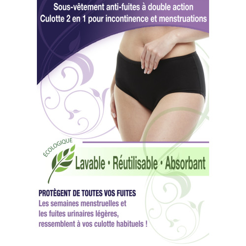 Sous-vêtement anti-fuites à double action - Culotte 2 en 1 pour incontinence et menstruations